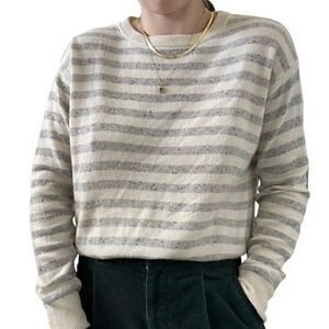 Line Womens Gray White Striped 100% Cashmere Preppy Soft Sweater Sz Petite S